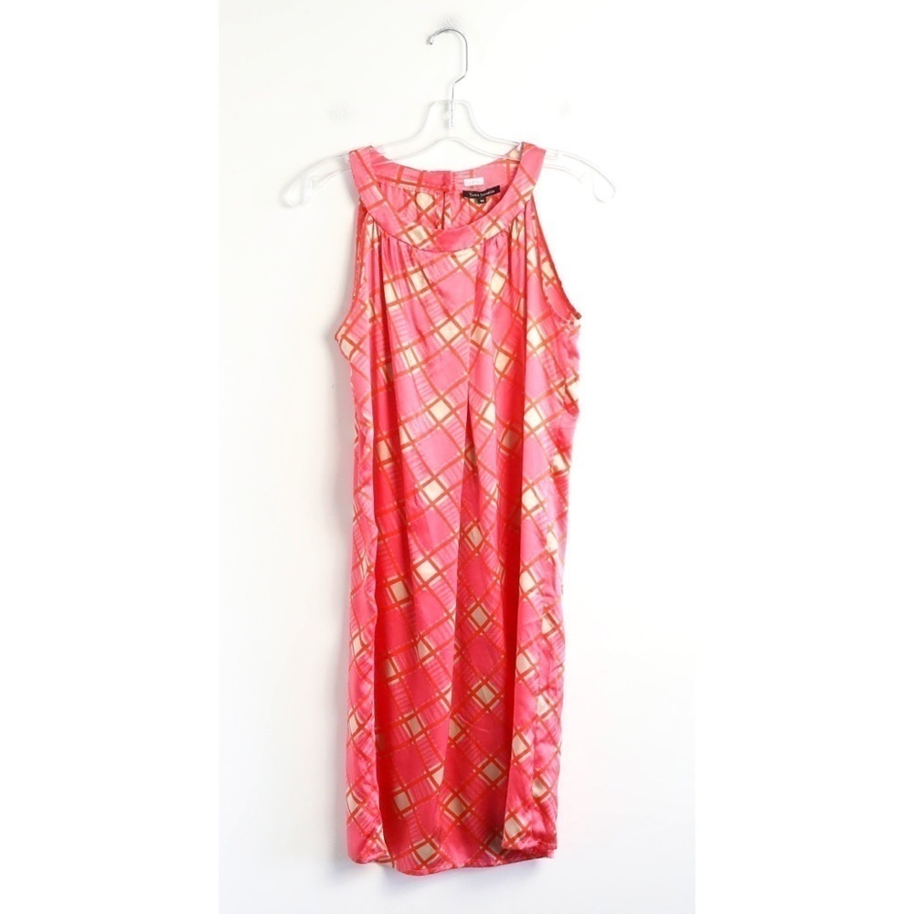 Tara Jarmon 100% silk dress geometric print pink cocktail summer 38 6 M party